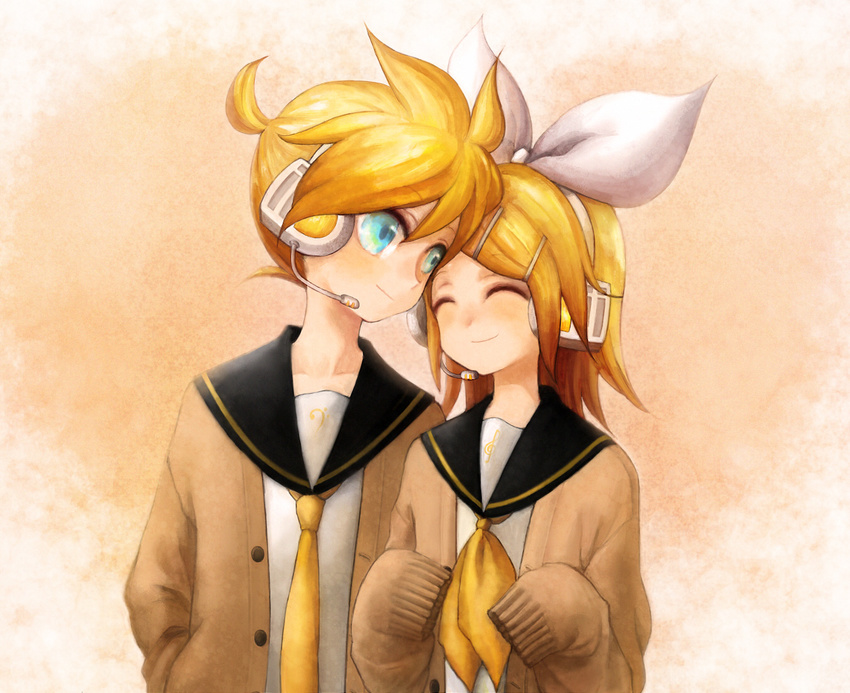 1girl brother_and_sister kagamine_len kagamine_rin long_sleeves michi_ta_(masquerade) siblings smile sweater twins vocaloid