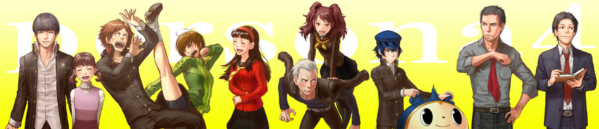 5girls absurdres adachi_tooru amagi_yukiko doujima_nanako doujima_ryoutarou everyone hanamura_yousuke highres ikeda_(cpt) kujikawa_rise kuma_(persona_4) long_image multiple_boys multiple_girls narukami_yuu persona persona_4 satonaka_chie shirogane_naoto tatsumi_kanji wide_image yasogami_school_uniform