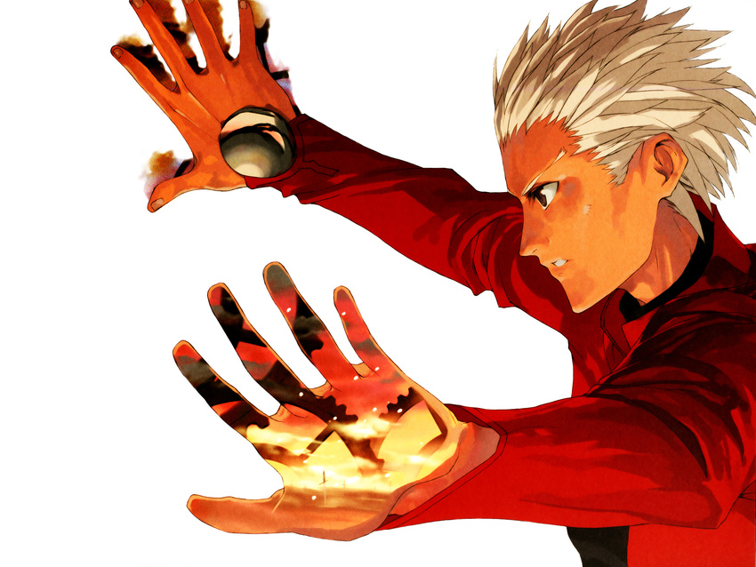 archer brown_eyes dark_skin dark_skinned_male double_exposure fate/stay_night fate_(series) fingernails from_side gears hair_slicked_back hands highres long_sleeves male_focus morii_shizuki non-web_source outstretched_arms palms profile simple_background solo spiked_hair unlimited_blade_works upper_body white_background white_hair