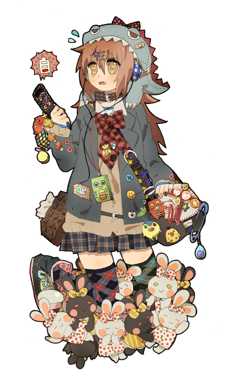 animal_hat argyle argyle_legwear badge bag bandaid bow brown_hair bunny button_badge buttons cellphone cellphone_battery_bar cellphone_charm cellphone_strap collar digital_media_player fangs fashion hair_ornament hairclip handbag hat headphones highres ipod jacket long_hair mismatched_legwear multicolored multicolored_nails nail_art nail_polish necktie open_mouth original phone plaid plaid_skirt pleated_skirt polka_dot ribbon rubik's_cube safety_pin skirt solo sweatdrop sweater tears thighhighs tissue urban_style wamochi yellow_eyes zettai_ryouiki