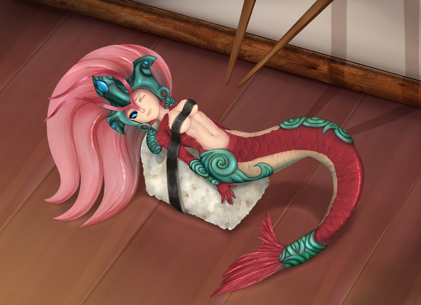 ;| antenna_hair armor arms_behind_back bdsm black_sclera blue_eyes bondage bound breast_bondage breasts center_opening chopsticks dutch_angle eating food from_above gem helmet highres league_of_legends long_hair looking_at_viewer mermaid minigirl monster_girl nami_(league_of_legends) navel nude one_eye_closed pink_hair pitui1996 rice scales shadow skindentation sushi table tail tail_ornament underboob vambraces very_long_hair wince wooden_table