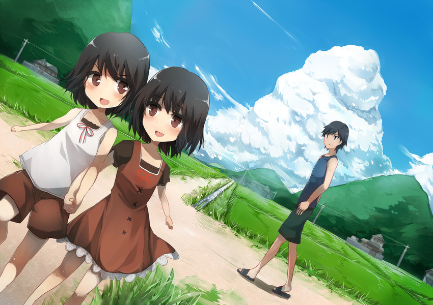 2girls amakura_kei amakura_mayu amakura_mio black_hair brown_eyes cloud day dress fatal_frame fatal_frame_2 highres holding_hands multiple_girls nature outdoors sandals short_hair shorts siblings sisters sky smile tare_(tonikaku_magaru) twins vest younger