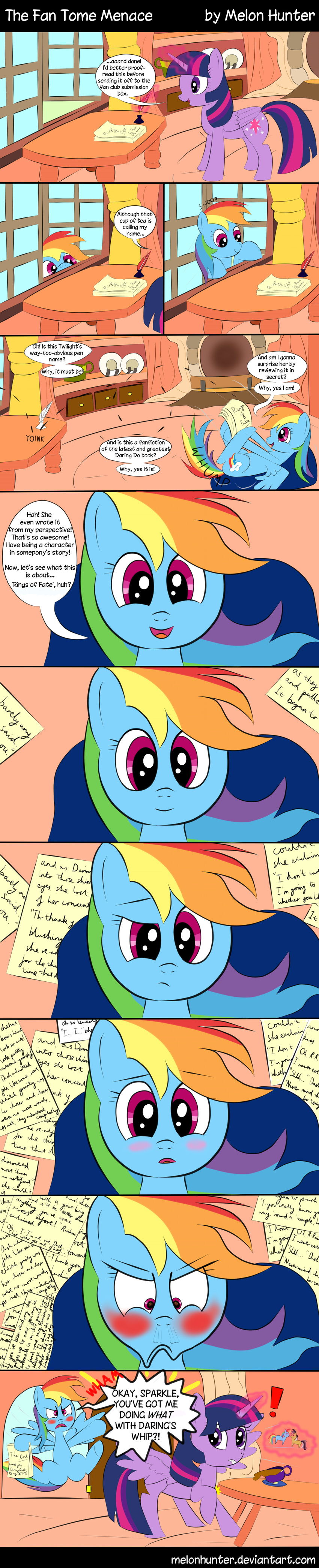 blue_fur blush comic cutie_mark dialog english_text equine fanfic female feral friendship_is_magic fur glowing hair horn horse inside long_hair looking_at_viewer looking_back lying magic mammal melonhunter multi-colored_hair my_little_pony on_back open_mouth paper pegasus pony purple_eyes purple_hair quill rainbow_dash_(mlp) rainbow_hair smile text tongue twilight_sparkle_(mlp) window winged_unicorn wings