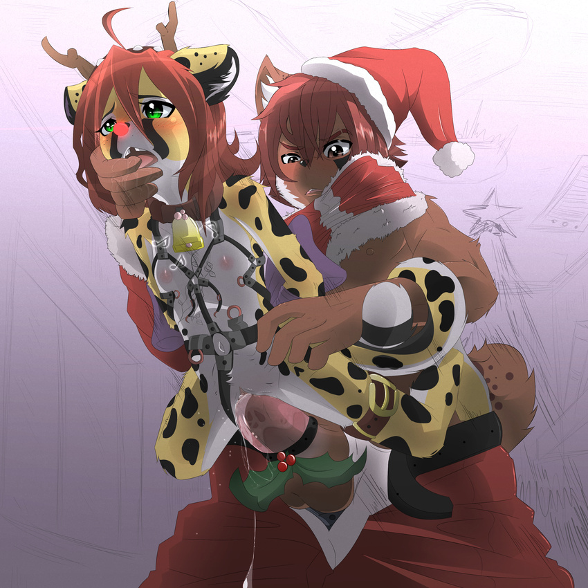 anthro antlers balls bdsm bell big_penis blush brown_eyes cheetah chimangetsu christmas clothed clothing collar cub duo feline female finger_in_mouth green_eyes hair half-dressed hi_res holidays horn interspecies ketzio11 kitani lynx male mammal mistletoe nipples open_mouth penetration penis precum pussy pussy_juice red_nose santa size_difference straight tongue vaginal vaginal_penetration yamaneko_sougi young