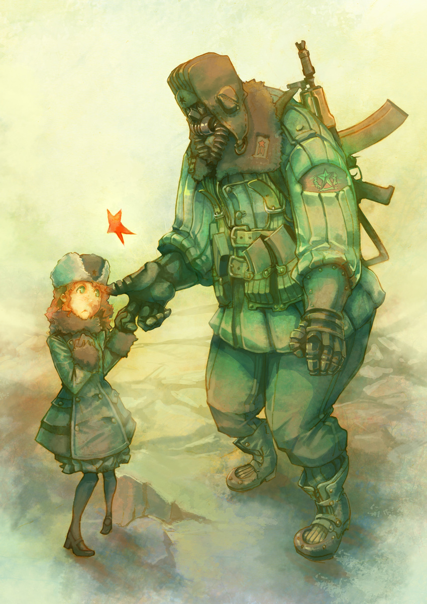 1girl aks-74u assault_rifle asterisk_kome coat dress freckles fur_hat gas_mask gloves green_eyes gun hat helmet highres holding_hand holding_hands military military_uniform original pantyhose red_hair rifle size_difference soldier uniform weapon