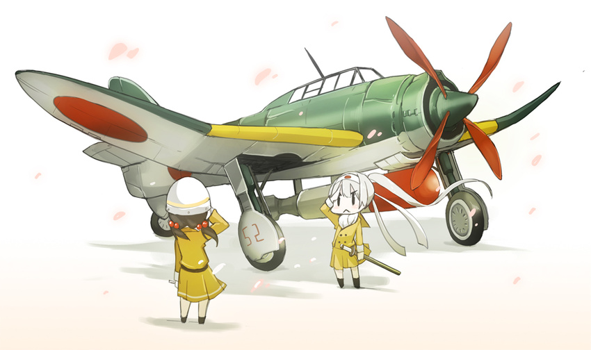 aircraft airplane b7a_ryuusei cherry_blossoms fairy_(kantai_collection) hachimaki headband helmet kantai_collection multiple_girls pilot ryuusei_(kantai_collection) salute sheath sheathed sword tansuke weapon