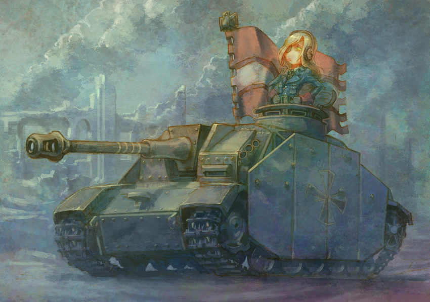 asterisk_kome battle_standard blonde_hair cannon caterpillar_tracks eyepatch flag ground_vehicle hands_on_hips headphones long_hair military military_uniform military_vehicle motor_vehicle original ruins solo sturmgeschutz_iii tank tank_destroyer turretless_tank uniform