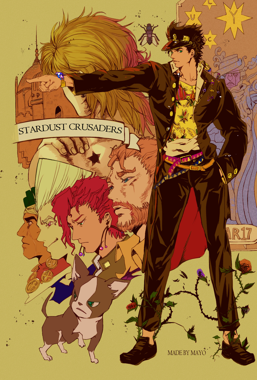 bad_id bad_pixiv_id birthmark black_hair blonde_hair brown_hair bug dio_brando dog fly hat highres iggy_(jojo) insect jean_pierre_polnareff joestar_birthmark jojo_no_kimyou_na_bouken joseph_joestar kakyouin_noriaki kuujou_joutarou long_coat mayo_cha mohammed_avdol multiple_boys pointing red_hair stand_(jojo) star_platinum