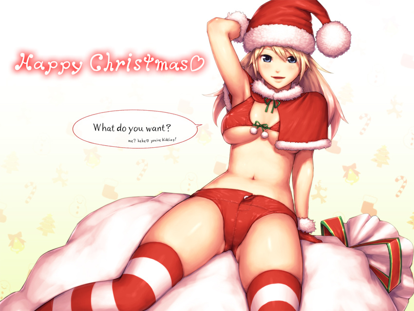 bikini blonde_hair blue_eyes christmas long_hair navel original santa_costume santa_hat swimsuit thighhighs underboob yoshikawa_hazure