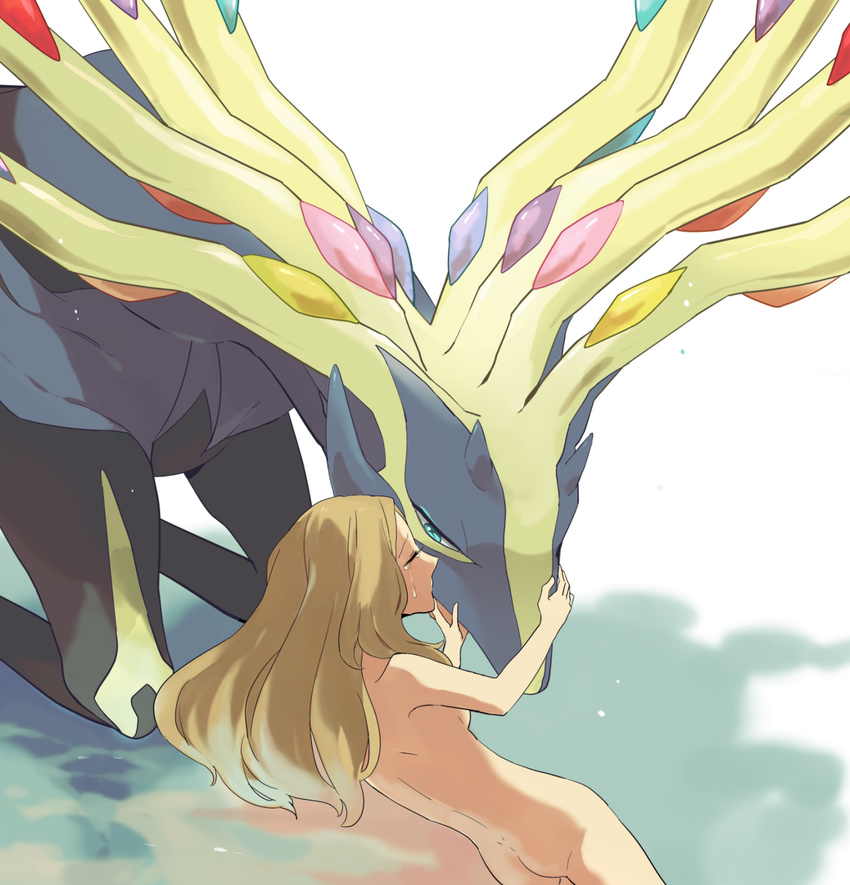 1girl ass bareback blonde_hair breasts eyes_closed from_behind high_res highres hips kiss long_hair lying nintendo nude on_side pokemon pokemon_(game) pokemon_xy serena_(pokemon) sideboob small_breast small_breasts tears water xerneas