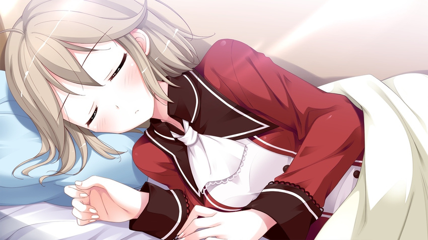 1girl bed blush brown_hair eyes_closed game_cg ko~cha pillow saimon_eclair short_hair witch's_garden witch's_garden