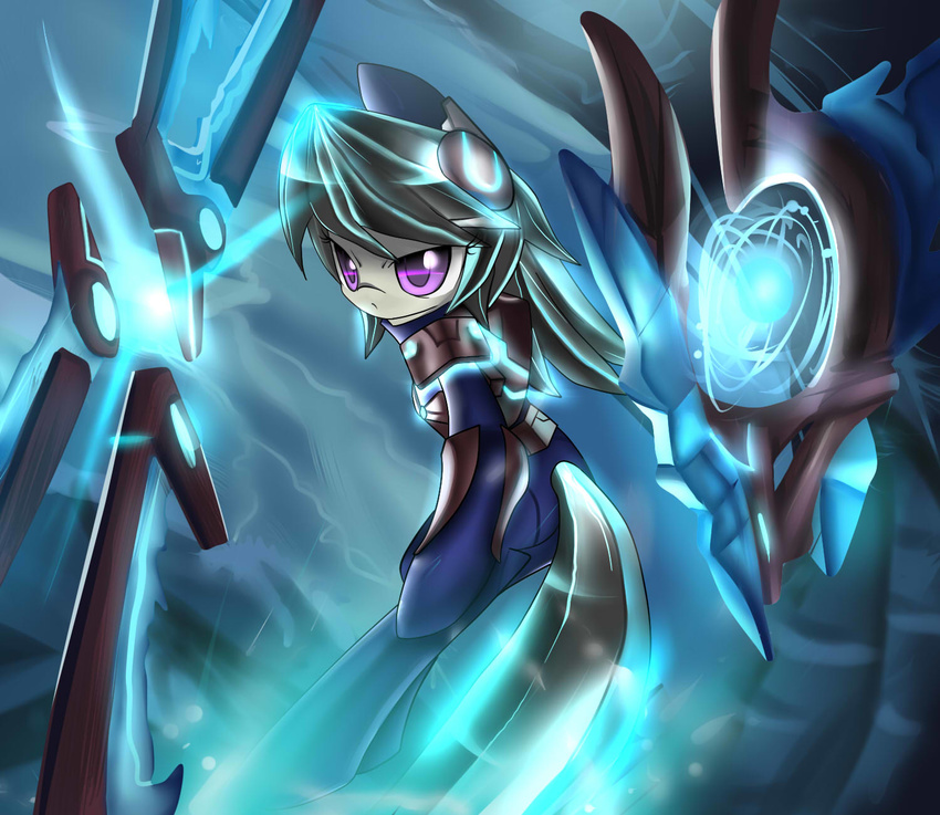 black_hair bodysuit clothing crossover cyanaeolin equine female feral friendship_is_magic frown fur glowing grey_fur hair horse league_of_legends long_hair mammal my_little_pony octavia_(mlp) pony purple_eyes skinsuit solo standing sword weapon