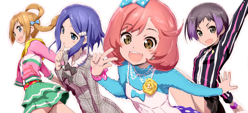 akata_itsuki arm_up ayase_naru blue_hair blush bow brown_hair finger_to_mouth flat_chest fukuhara_ann hair_bow highres looking_at_viewer multicolored_hair multiple_girls open_mouth pink_hair pretty_(series) pretty_rhythm pretty_rhythm_rainbow_live rinne_(pretty_rhythm) short_hair simple_background skirt smile striped suzuno_ito two-tone_hair vertical_stripes white_background