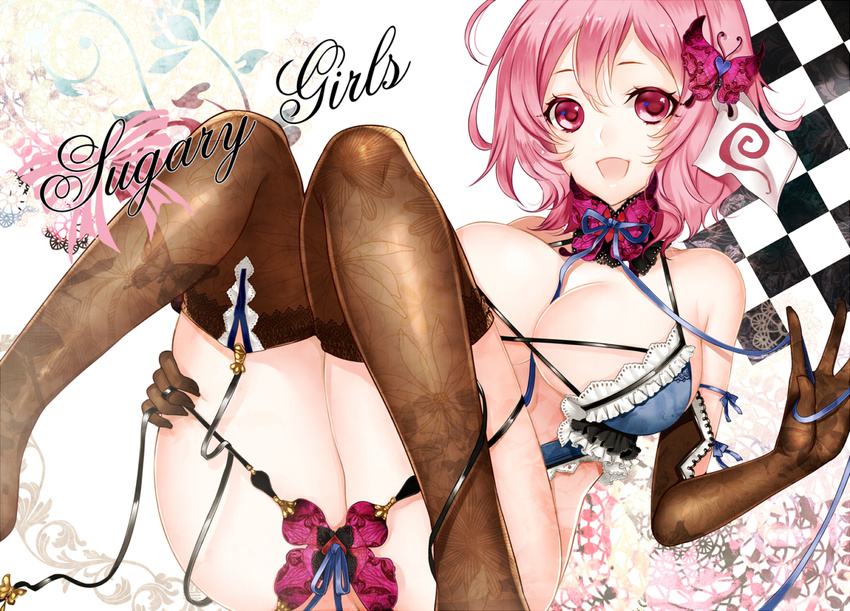 alternate_costume apt blush breasts brown_gloves brown_legwear checkered cleavage elbow_gloves gloves large_breasts open_mouth pink_eyes pink_hair saigyouji_yuyuko short_hair smile solo strap text_focus thighhighs touhou