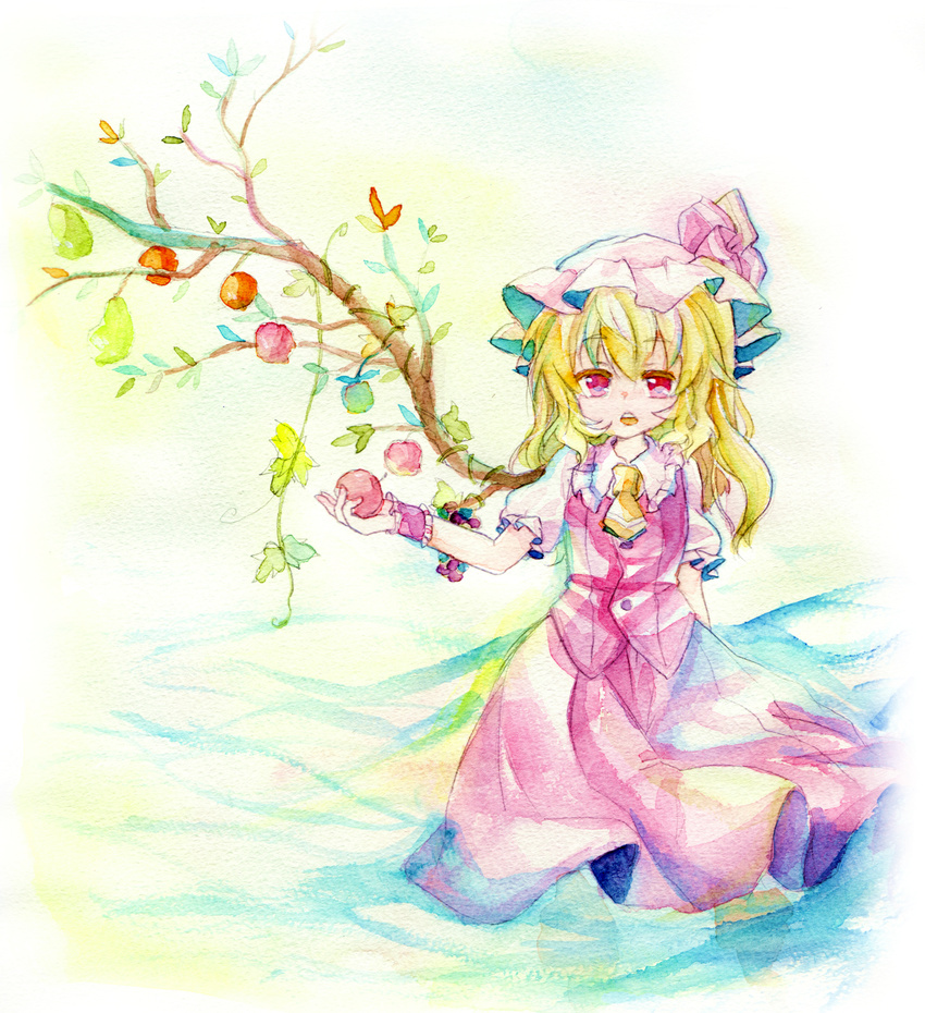 alternate_wings apple bad_id bad_pixiv_id blonde_hair bow colored_pencil_(medium) flandre_scarlet food fruit hat hat_bow highres kuromame_(8gou) looking_at_viewer mob_cap open_mouth pink_eyes shirt side_ponytail skirt skirt_set solo touhou traditional_media twig vest watercolor_(medium) wings