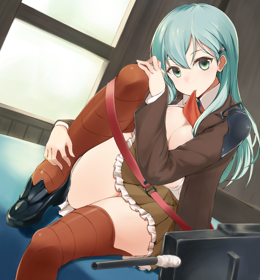 aqua_hair bad_id bad_pixiv_id breasts green_eyes hair_ornament hairclip highres kantai_collection large_breasts legs long_hair mouth_hold panties pantyshot shoes shoulder_pads smile solo suzuya_(kantai_collection) thighhighs thighs tsuzuri_(itosousou) underwear window