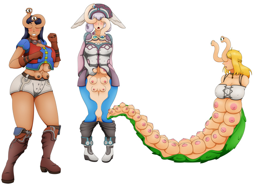 10_breasts 2016 36_breasts 6_breasts alpha_channel animal_humanoid armless big_breasts black_hair blonde_hair blush boobipede bottomless breasts clenched_teeth clothed clothing elek-tronikz eye_stalk female fiora_(xenoblade_chronicles) footwear gastropod group hair hand_on_breast humanoid long_hair looking_at_viewer melia_antiqua mollusk mollusk_humanoid multi_breast nipple_bulge nipples open_mouth pants pussy sharla_(xenoblade_chronicles) shoes simple_background slug standing surprise teeth transformation transparent_background what white_hair wide_hips xenoblade_chronicles