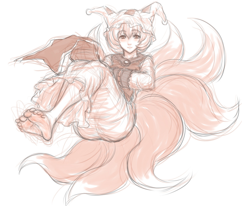 barefoot dress fox_tail full_body hands_in_opposite_sleeves hat highres kuro_suto_sukii kyuubi long_sleeves looking_at_viewer monochrome multiple_tails pillow_hat simple_background sitting sketch smile solo tabard tail touhou white_background yakumo_ran
