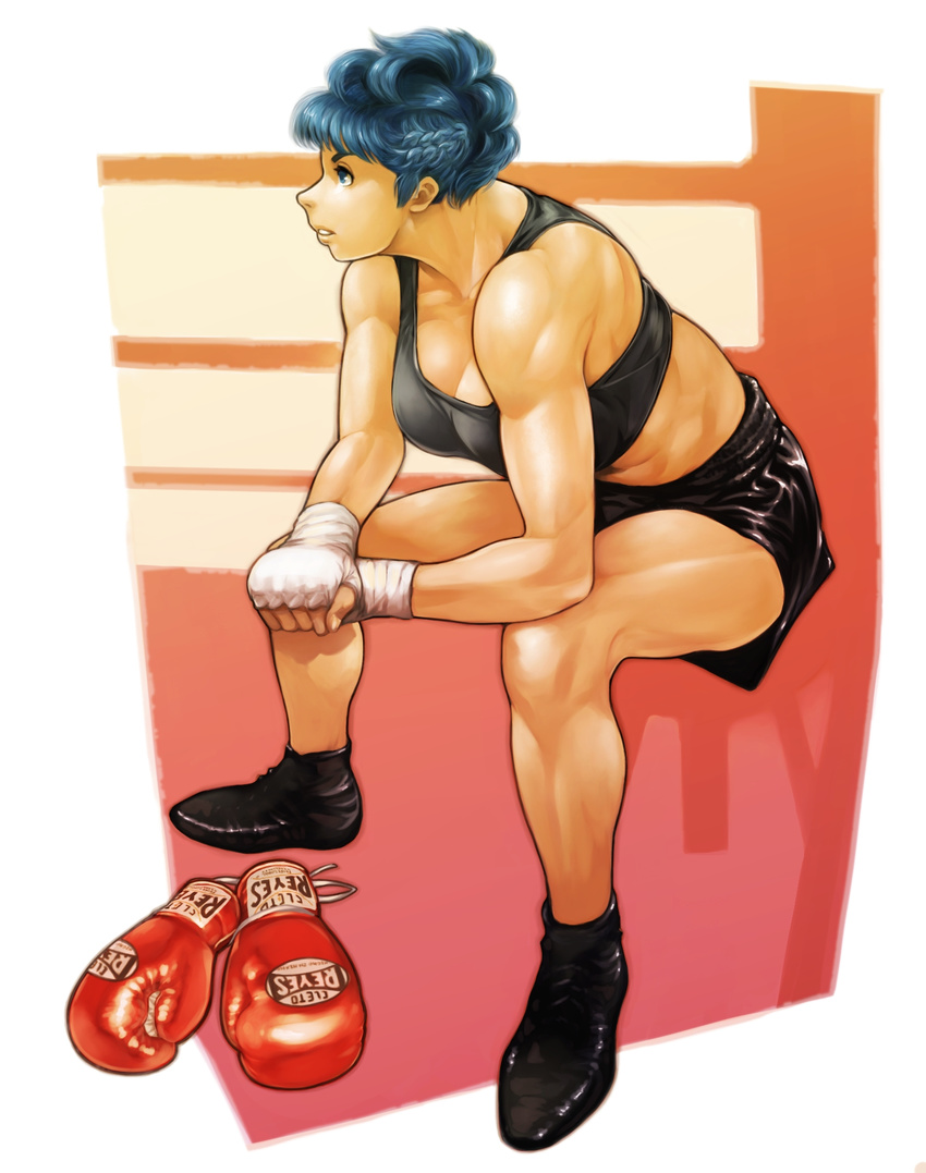 bandages blue_eyes blue_hair boxer boxing_gloves braid breasts cleavage highres md5_mismatch medium_breasts muscle muscular_female original shoes short_hair shorts sitting solo sports_bra vigwer