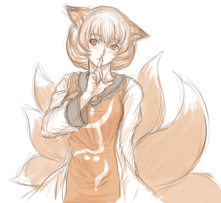 animal_ears dress finger_to_mouth fox_ears fox_tail highres kuro_suto_sukii kyuubi long_sleeves looking_at_viewer monochrome multiple_tails no_hat no_headwear shushing simple_background sketch smile solo tabard tail touhou white_background yakumo_ran