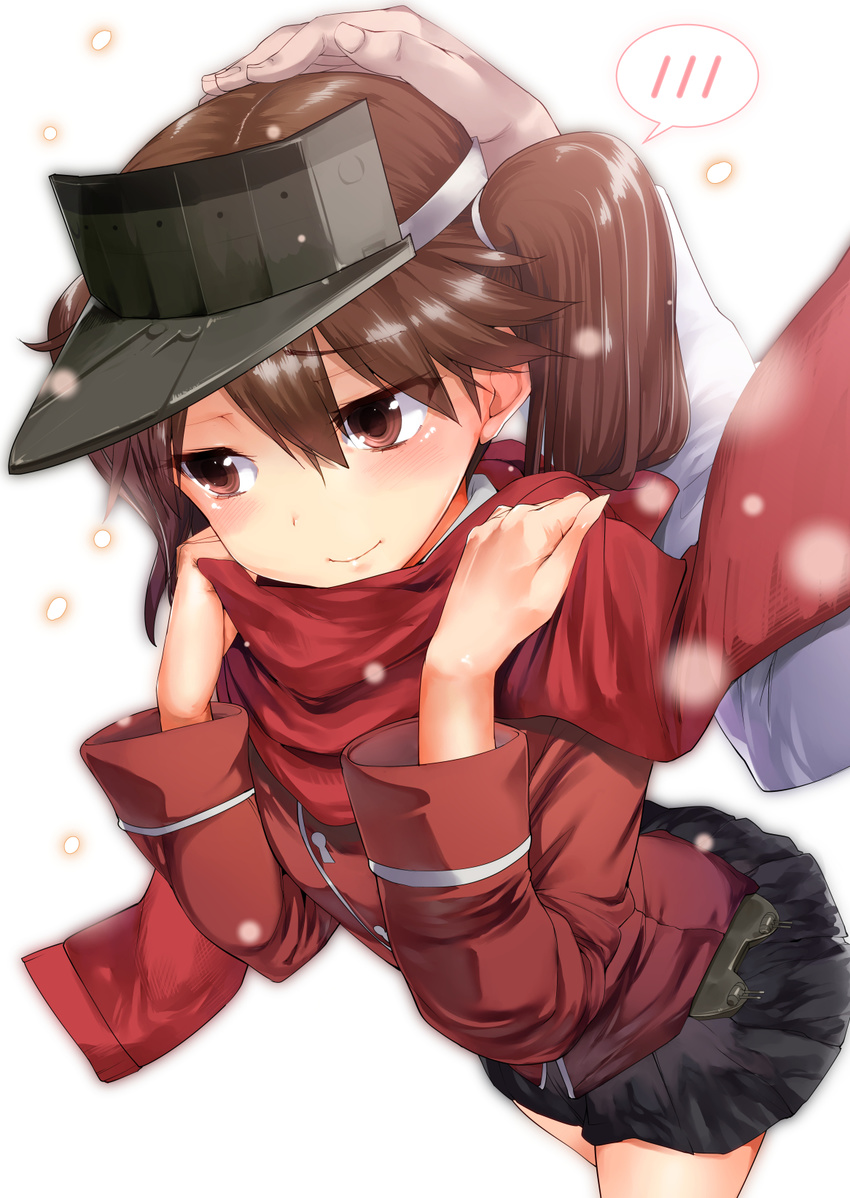 admiral_(kantai_collection) blush brown_eyes brown_hair hat highres kantai_collection karochii petting ryuujou_(kantai_collection) scarf simple_background skirt solo_focus spoken_blush twintails visor_cap white_background