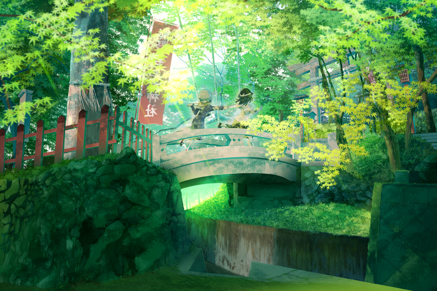 2girls black_hair forest green hat landscape maribel_han scenic shinta_(hmmuk) torii touhou tree usami_renko