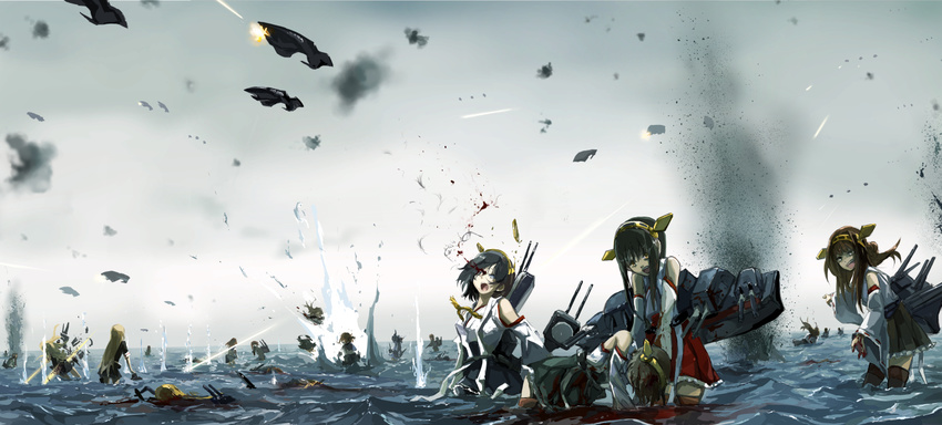 bare_shoulders battle black_hair blood bullet_trail cloud commentary day death decapitation detached_sleeves enemy_aircraft_(kantai_collection) explosion flak hairband haruna_(kantai_collection) headshot hiei_(kantai_collection) ikazuchi_(kantai_collection) japanese_clothes kantai_collection kirishima_(kantai_collection) kongou_(kantai_collection) kyokucho long_hair massacre mecha_musume multiple_girls murakumo_(kantai_collection) ocean pantyhose science_fiction shimakaze_(kantai_collection) sky space_craft starfighter thighhighs wading war water water_battle yukikaze_(kantai_collection) yuudachi_(kantai_collection)