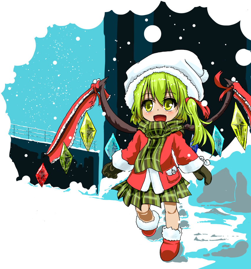 :d akure_ekuto alternate_costume alternate_eye_color blonde_hair coat flandre_scarlet footprints gloves hair_ribbon happy hat highres jacket long_sleeves open_mouth plaid red_footwear red_ribbon ribbon scarf shirt shoes side_ponytail smile snow snowing solo touhou walking wings winter_clothes yellow_eyes younger