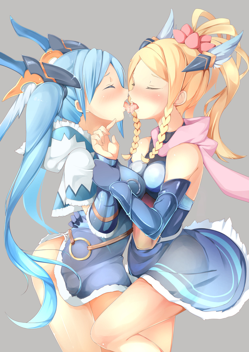 absurdres bare_shoulders blonde_hair blue_eyes blue_hair braid byte_(allbyte) closed_eyes elbow_gloves french_kiss fur_trim gloves hair_ornament hairclip highres idunn_&amp;_idunna incest kiss long_hair multiple_girls open_mouth ponytail puzzle_&amp;_dragons saliva saliva_trail tongue twin_braids twintails yuri