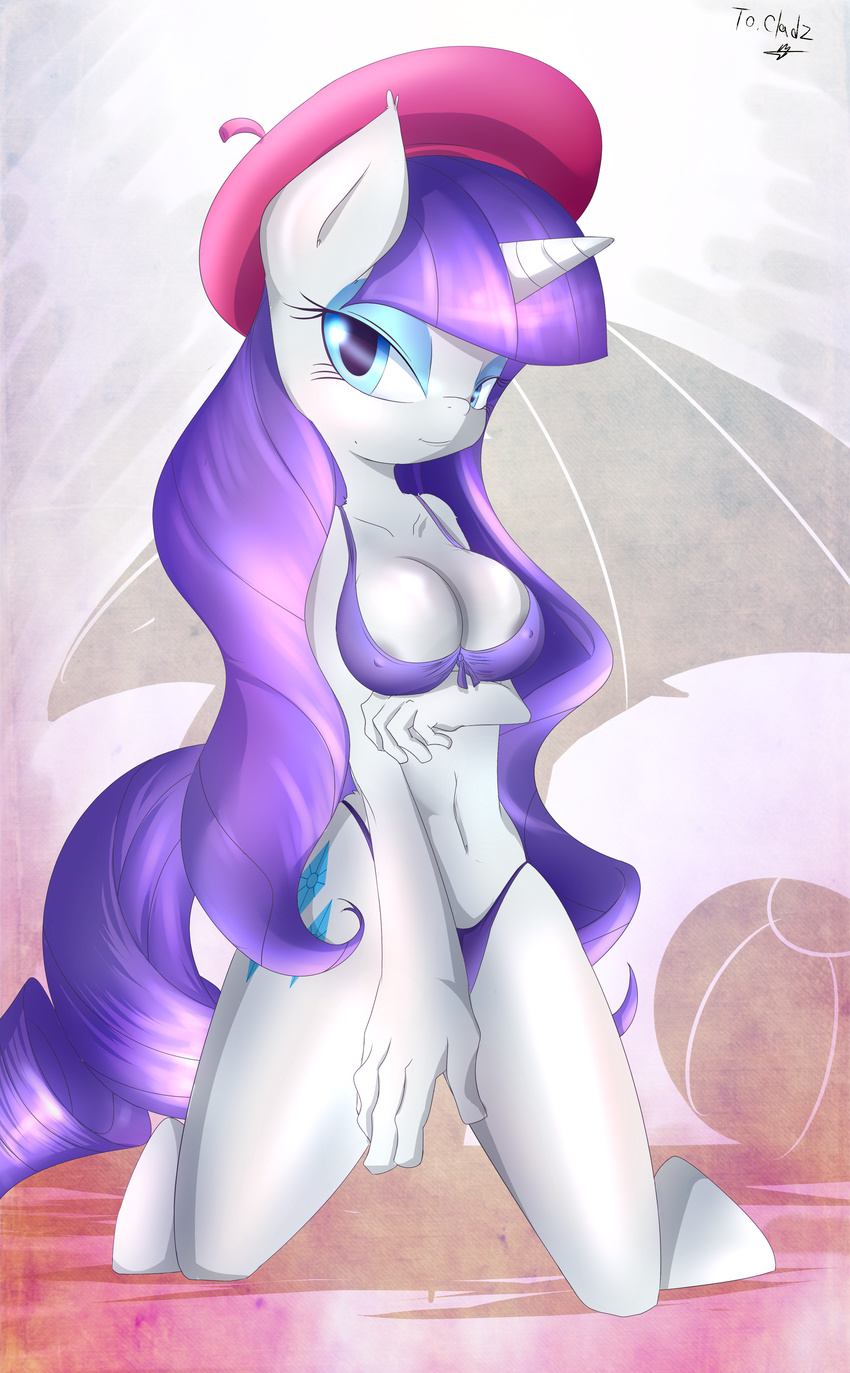 anthro anthrofied ball beach_ball beret blue_eyes breasts cleavage clothed clothing cutie_mark equine eyeshadow female friendship_is_magic hair hat horn horse kneeling kyodashiro looking_at_viewer makeup mammal my_little_pony navel nipples panties pony purple_hair rarity_(mlp) solo umbrella underwear unicorn