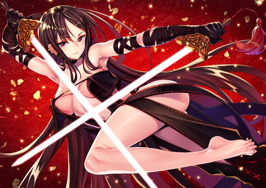 bangs bare_shoulders barefoot black_dress black_gloves breasts brown_hair center_opening choker consort_yu_(fate) dress dual_wielding earrings fate/grand_order fate_(series) feet gloves hips holding jewelry legs long_hair looking_at_viewer matsuryuu medium_breasts parted_lips red_background red_eyes solo strapless strapless_dress sword tassel thighs very_long_hair weapon