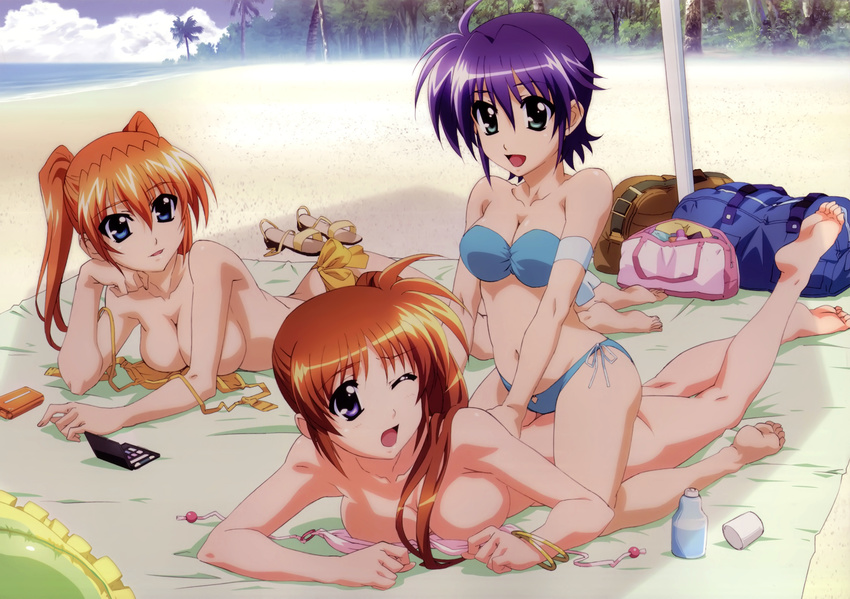 3girls absurdres ass bare_shoulders barefoot beach bikini blue_eyes blue_hair bracelet breasts brown_hair butt_crack cleavage duplicate feet green_eyes happy hashimoto_takayoshi highres jewelry long_hair lyrical_nanoha mahou_shoujo_lyrical_nanoha mahou_shoujo_lyrical_nanoha_strikers multiple_girls navel nude nyantype official_art open_mouth orange_hair purple_eyes purple_hair short_hair side-tie_bikini side_ponytail smile soles subaru_nakajima swimsuit takamachi_nanoha teana_lanster toes topless twintails wink yuri