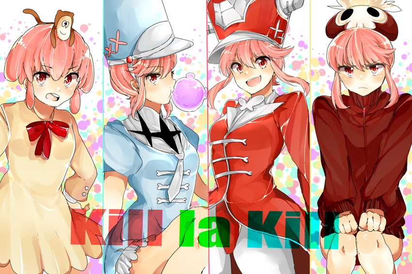 :d bad_id bad_pixiv_id bubble_blowing chewing_gum hat jakuzure_nonon kill_la_kill long_hair multiple_persona nappa_(mukudoku6996) open_mouth pantyhose pink_eyes pink_hair ribbon shako_cap sidelocks smile symphony_regalia track_suit uniform younger