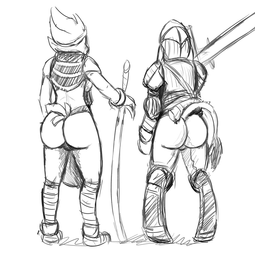 armor avian avian_(starbound) back_turned big_butt bottomless breasts butt donkey duo equine female fur gordonfreeguy invalid_tag mammal standing starbound sword tail_tuft tuft video_games weapon