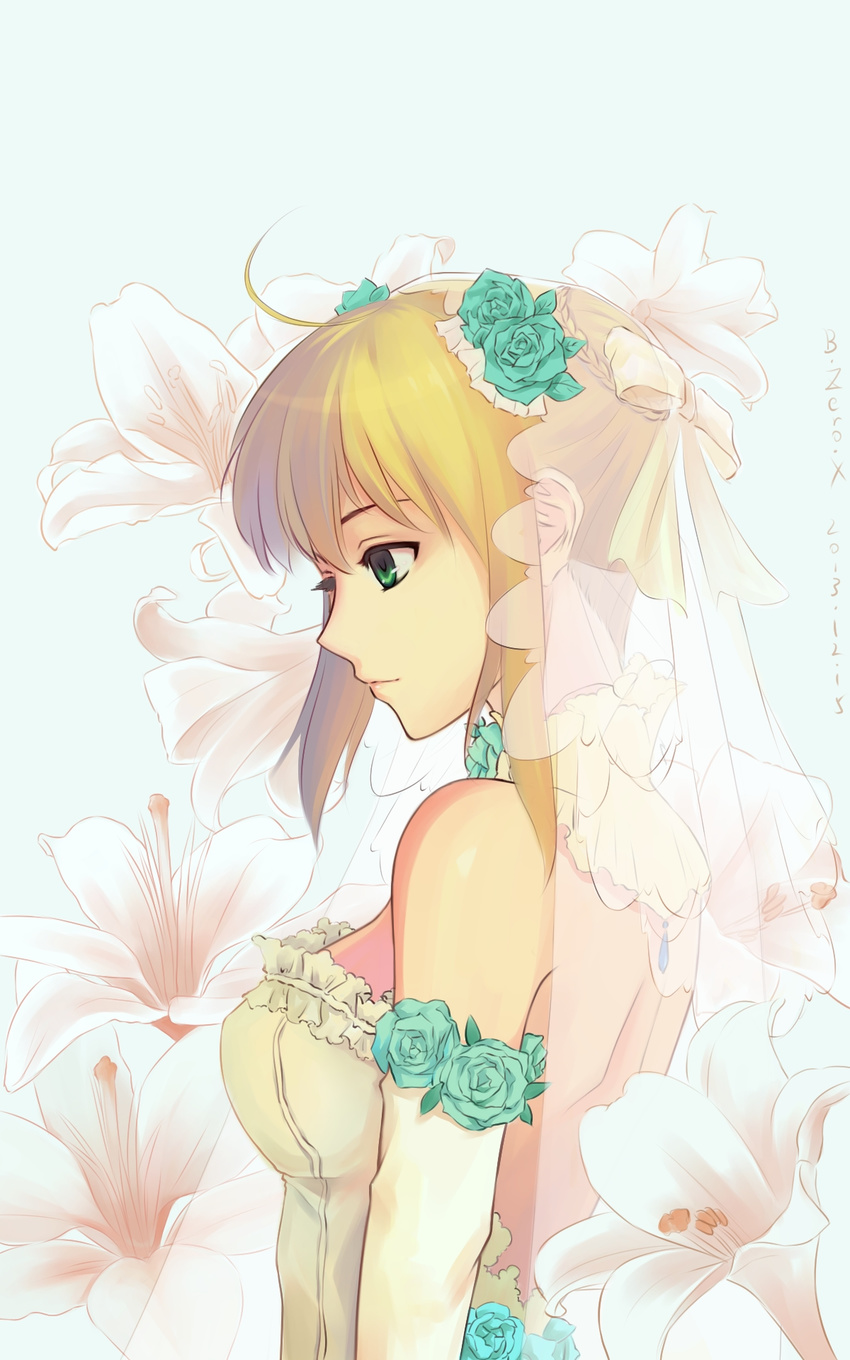 2013 ahoge artist_name artoria_pendragon_(all) blonde_hair breasts bridal_veil bzerox dated dress elbow_gloves fate/stay_night fate_(series) flower frills gloves green_eyes hair_flower hair_ornament highres medium_breasts saber short_hair solo veil wedding_dress