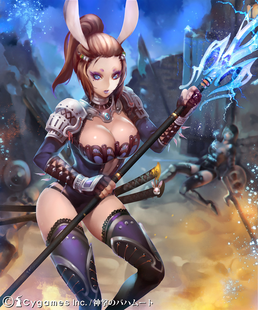 2girls animal_ears armor breasts brown_eyes brown_hair bunny_ears cleavage cygames fingerless_gloves gloves highres lips long_hair looking_at_viewer makeup monster_girl multiple_girls original ponytail purple_legwear ryushin shingeki_no_bahamut sitting standing thighhighs weapon