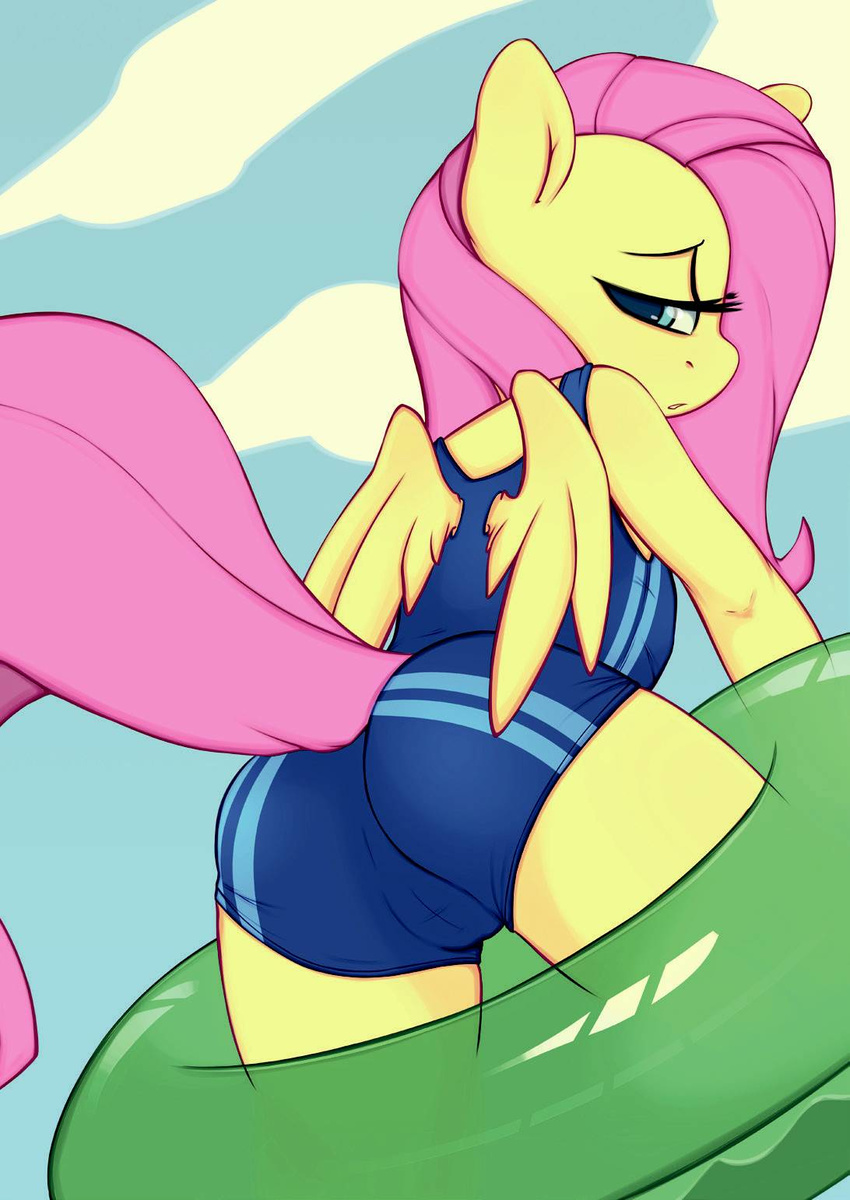 2013 anthro anthrofied butt equine female fluttershy_(mlp) friendship_is_magic fur green_eyes hair horse long_hair magenta-samson my_little_pony outside pegasus pink_hair pony solo swimsuit wings yellow_fur