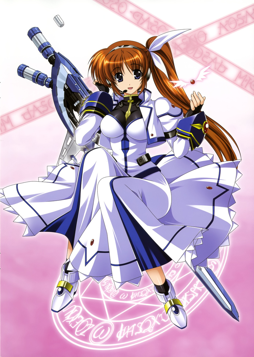 absurdres brown_hair fingerless_gloves gloves headset higa_yukari highres long_hair lyrical_nanoha magic_circle magical_girl mahou_senki_lyrical_nanoha_force official_art open_mouth purple_eyes raising_heart side_ponytail solo strike_cannon takamachi_nanoha very_long_hair weapon wings