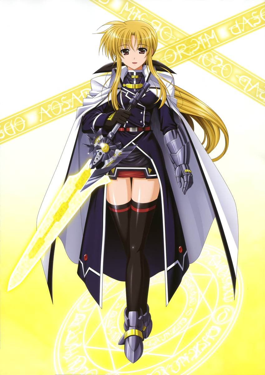 absurdres bardiche black_gloves black_legwear blonde_hair cape energy_sword fate_testarossa gauntlets gloves higa_yukari highres long_hair lyrical_nanoha magic_circle mahou_senki_lyrical_nanoha_force official_art red_eyes solo sword thighhighs very_long_hair weapon zettai_ryouiki