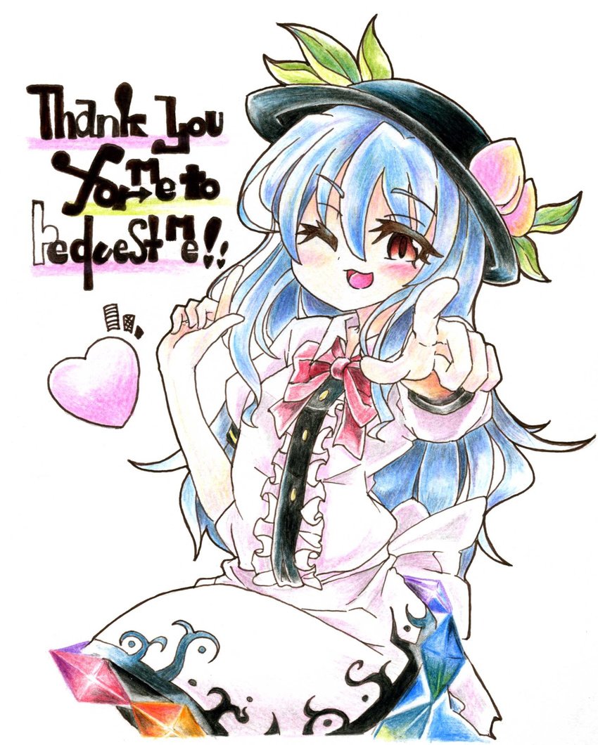 :3 blue_hair colored_pencil_(medium) commentary_request dress engrish eyelashes food fruit gokuu_(acoloredpencil) hat heart highres hinanawi_tenshi long_hair looking_at_viewer one_eye_closed open_mouth peach pointing ranguage red_eyes simple_background solo touhou traditional_media white_background