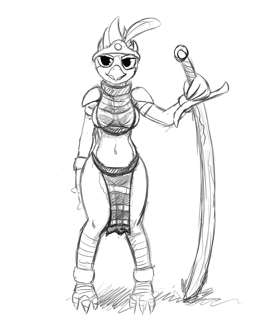 avian avian_(starbound) breasts female gordonfreeguy headdress loincloth monochrome navel solo starbound sword video_games weapon