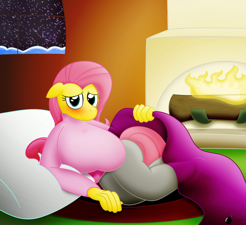 anthro anthrofied big_breasts blanket blizzard blush breasts clothing equine female fireplace fluttershy_(mlp) friendship_is_magic green_eyes hair hi_res horse leggings legwear mammal my_little_pony pink_hair pony ponyboom rug smile snow sweater sweatpants tight_clothing window