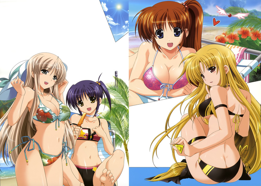 absurdres ass bardiche barefoot beach bikini blonde_hair breasts brown_hair butt_crack cleavage cloud day fate_testarossa feet flat_chest flower food frilled_bikini frills front-tie_top hat heart hibiscus higa_yukari highres isis_eaglet large_breasts lily_strosek long_hair looking_back low-tied_long_hair lyrical_nanoha mahou_senki_lyrical_nanoha_force multiple_girls navel official_art plant ponytail popsicle purple_eyes purple_hair raising_heart red_eyes scan side-tie_bikini side_ponytail sitting sky smile steed_(nanoha) strap_slip sun swimsuit takamachi_nanoha underboob very_long_hair water yellow_eyes