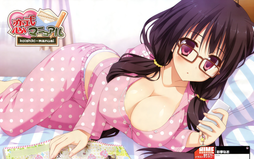 absurdres bed_sheet black_hair blush book breasts brown-framed_eyewear cellphone cleavage copyright_name dengeki_hime glasses highres hikage_honoka holding koishiki_manual large_breasts long_hair looking_at_viewer low_twintails midriff open_mouth pajamas phone pillow polka_dot purple_eyes saeki_nao scan scrunchie solo twintails watermark