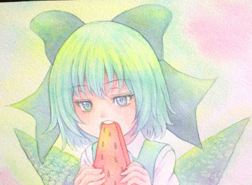 acrylic_paint_(medium) blue_eyes blue_hair bow cirno eating food fruit graphite_(medium) hair_bow ice ice_wings open_mouth short_hair solo teeth touhou traditional_media watercolor_(medium) watermelon wings yuyu_(00365676)