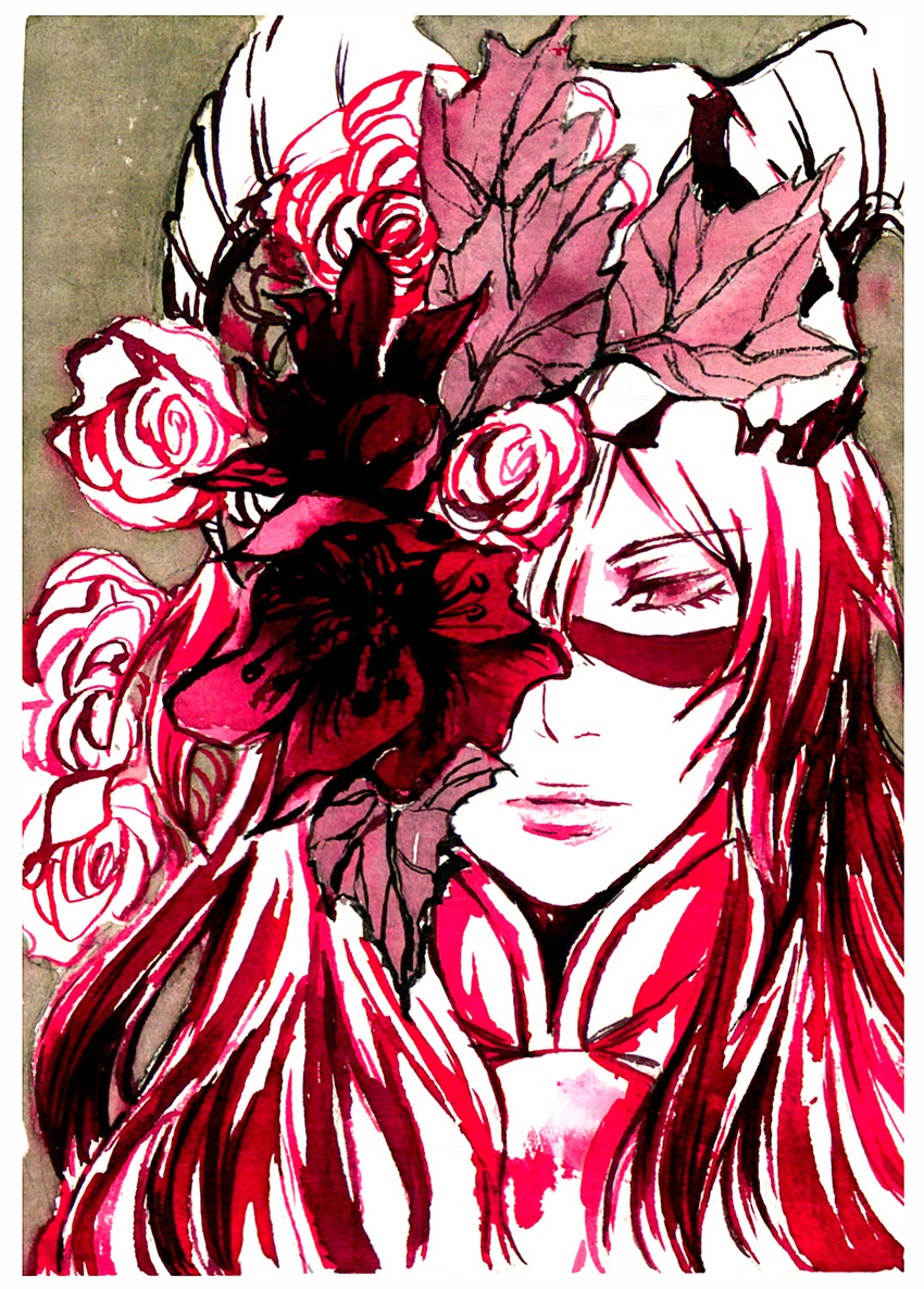 191138693 1girl arrancar bleach facial_mark female flower highres horns leaf leaves long_hair nelliel_tu_odelschwanck red solo