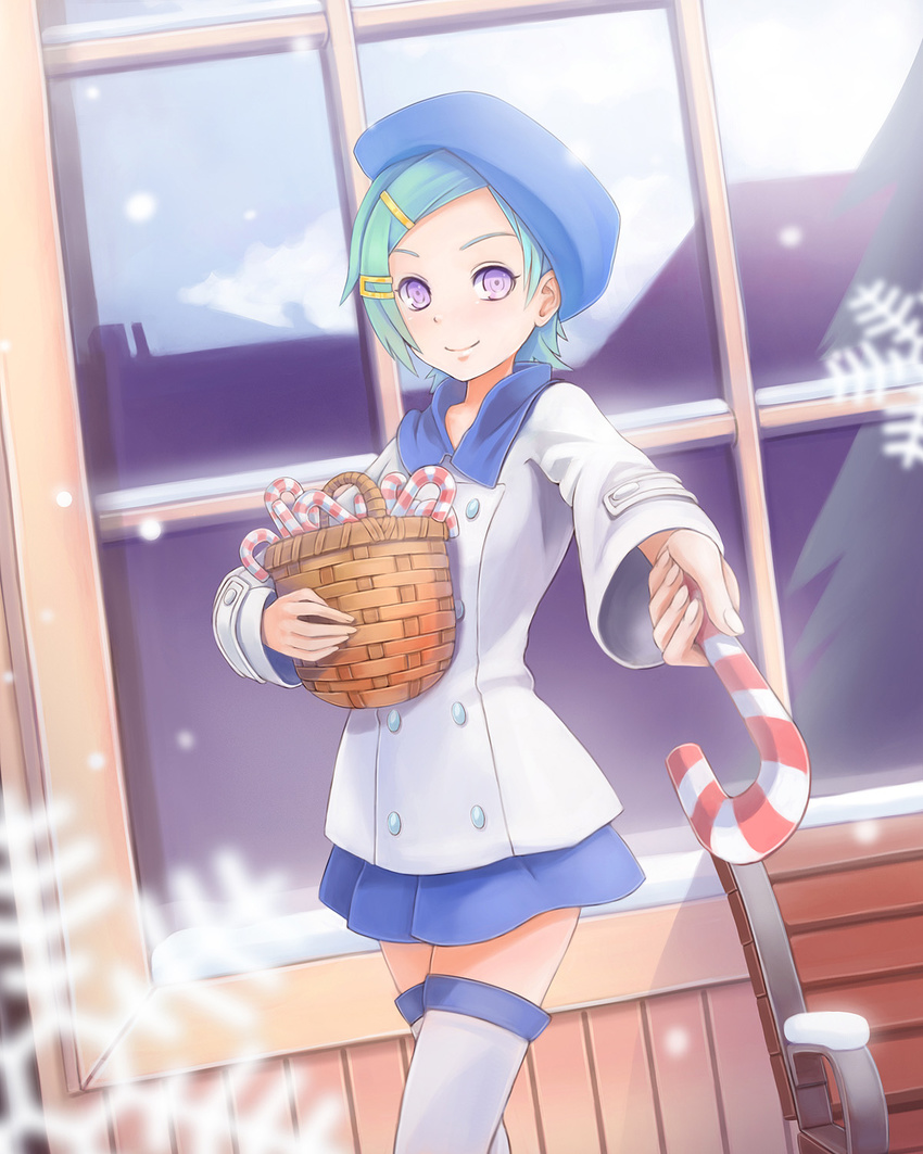 aqua_hair basket bench boots brick_wall candy candy_cane day eureka eureka_seven eureka_seven_(series) food giving hair_ornament hairclip hat highres house non-web_source purple_eyes reflection seat short_hair skirt sky smile snowflakes solo standing sunimu thigh_boots thighhighs window