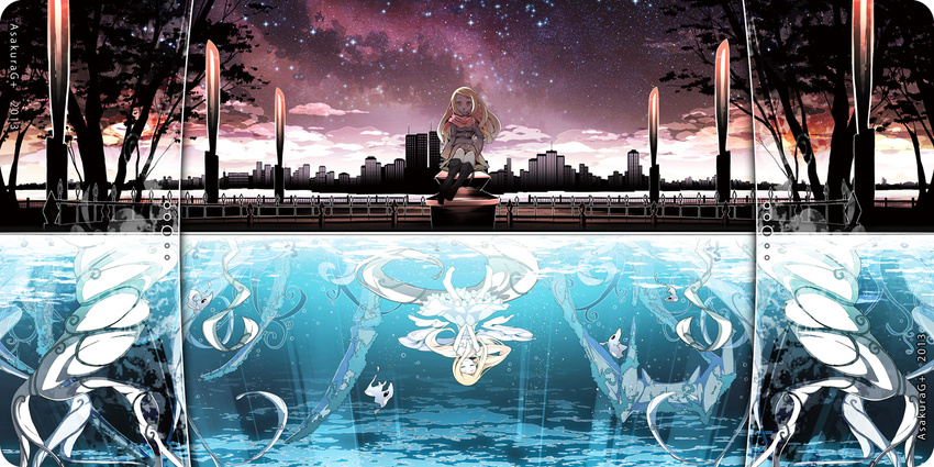 2girls :o air_bubble artist_name asakura_masatoki black_legwear blonde_hair cityscape coat dress dual_persona full_body kneehighs light_rays looking_at_viewer multiple_girls night night_sky open_mouth original outdoors pillar plant railing red_eyes red_scarf river scarf shore sitting sky split_screen star_(sky) starry_sky submerged tree underwater water white_dress