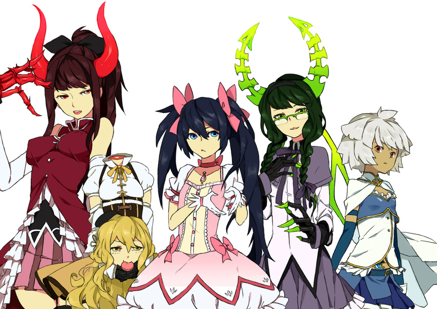 black_rock_shooter blue_eyes braids cosplay crossover dress glasses green_eyes horns irino_saya izuriha_kagari koutari_yuu kuroi_mato mahou_shoujo_madoka_magica ponytail red_eyes short_hair skirt takanashi_yomi tribute twintails yellow_eyes