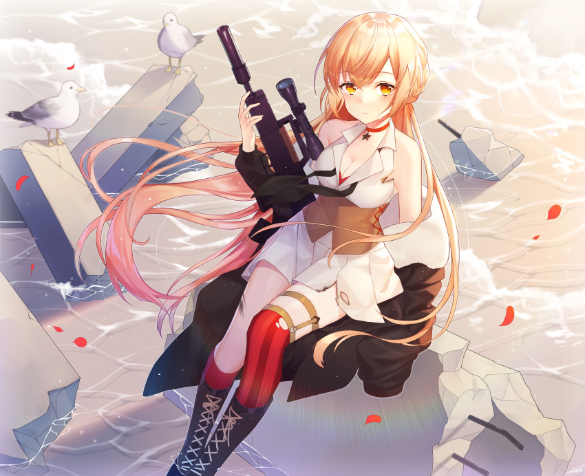 absurdres animal arm_support bangs bare_shoulders beach bird black_coat black_footwear black_neckwear blonde_hair blush boots bra braid breasts bullpup choker cleavage coat collared_shirt commentary_request cross-laced_footwear day eyebrows_visible_through_hair fur-trimmed_coat fur_trim girls_frontline gun hand_up highres holding holding_gun holding_weapon huge_filesize ion_(on01e) long_hair long_sleeves looking_at_viewer medium_breasts miniskirt mismatched_legwear neckerchief ocean off_shoulder open_clothes open_coat ots-14 ots-14_(girls_frontline) outdoors parted_lips pleated_skirt red_bra red_legwear rifle rock scope seagull shirt sidelocks sitting skirt sleeveless sleeveless_shirt soaking_feet solo star striped striped_legwear torn_clothes torn_legwear underbust underwear very_long_hair water weapon white_shirt white_skirt yellow_eyes